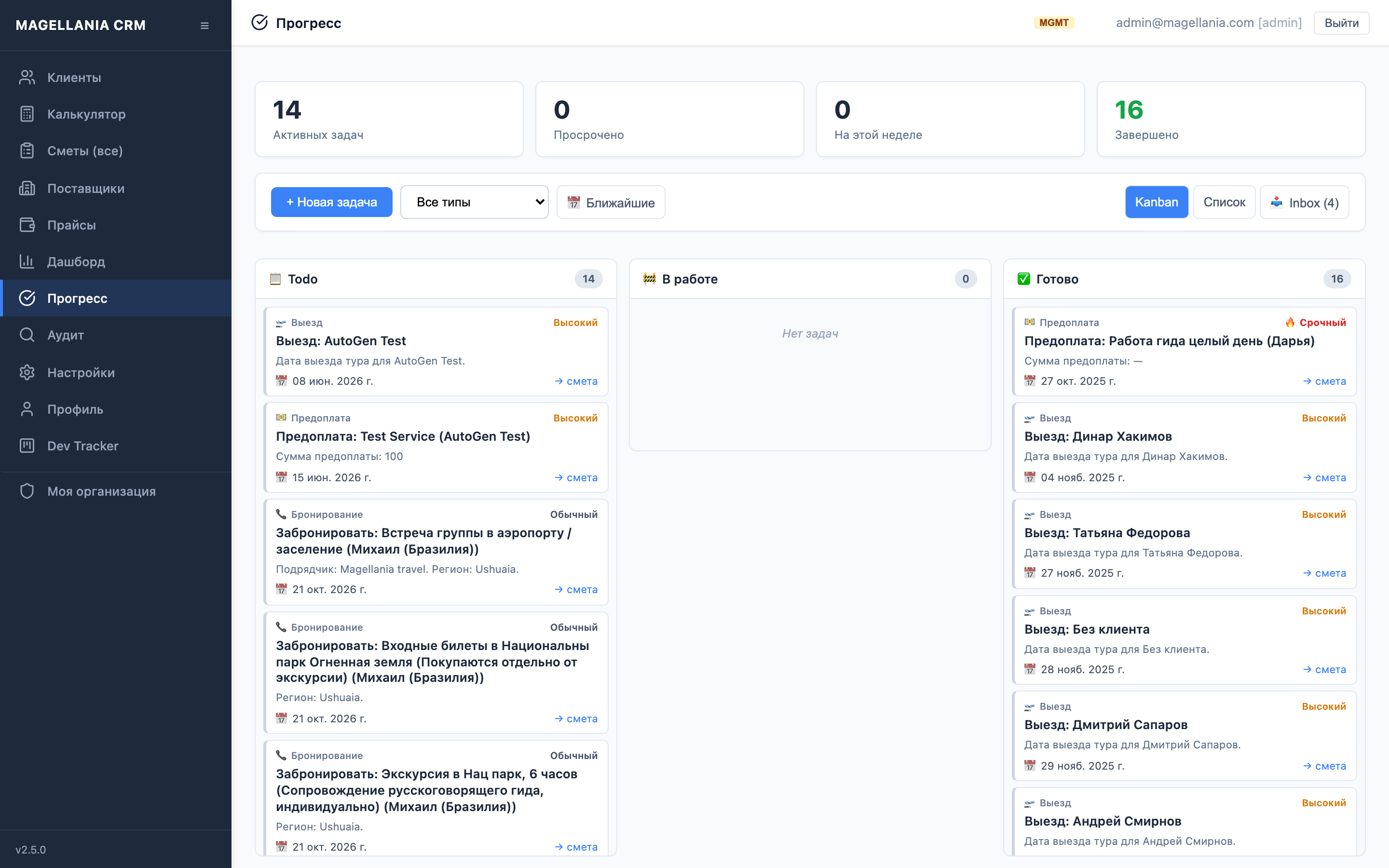 Канбан-доска задач тура в Magellania CRM